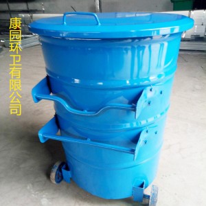 现货户外加厚铁皮挂车大号垃圾桶240L带盖圆形带轮形环卫垃圾箱